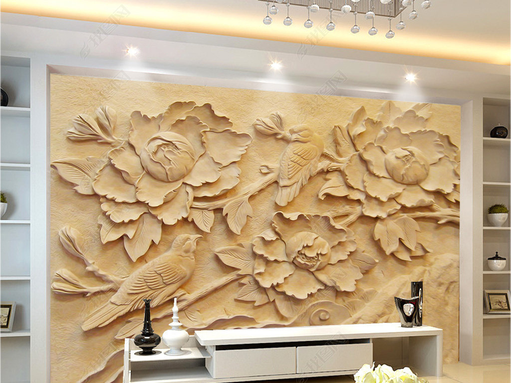 牡丹花鸟砂岩浮雕背景墙下载-编号18599425-浮雕电视背景墙-我图网