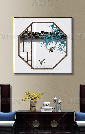 手绘新中式古典花窗工笔竹鸟创意装饰画无框画