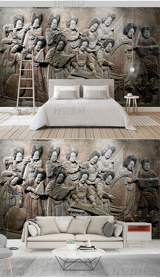 复古古代唐朝宫廷仕女浮雕立体电视背景墙