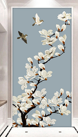 手绘工笔花鸟玉兰背景装饰画玄关|新中式玉兰手绘工笔花鸟玄关背景墙