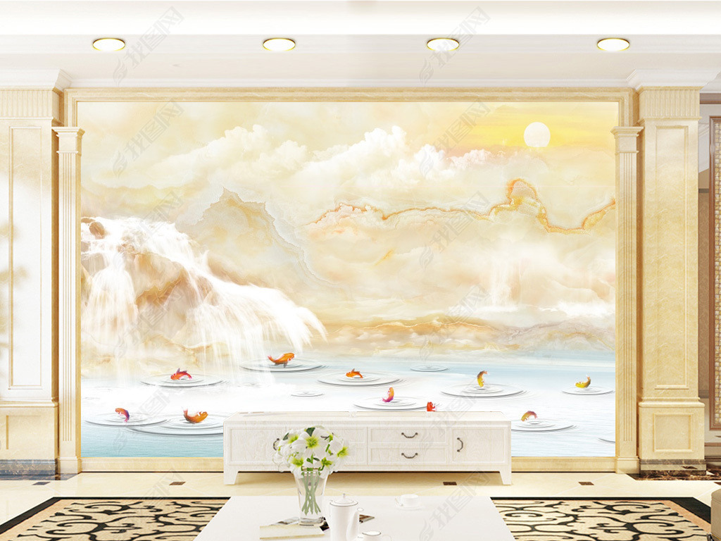 九鱼图鲤鱼跃龙门大理石背景墙