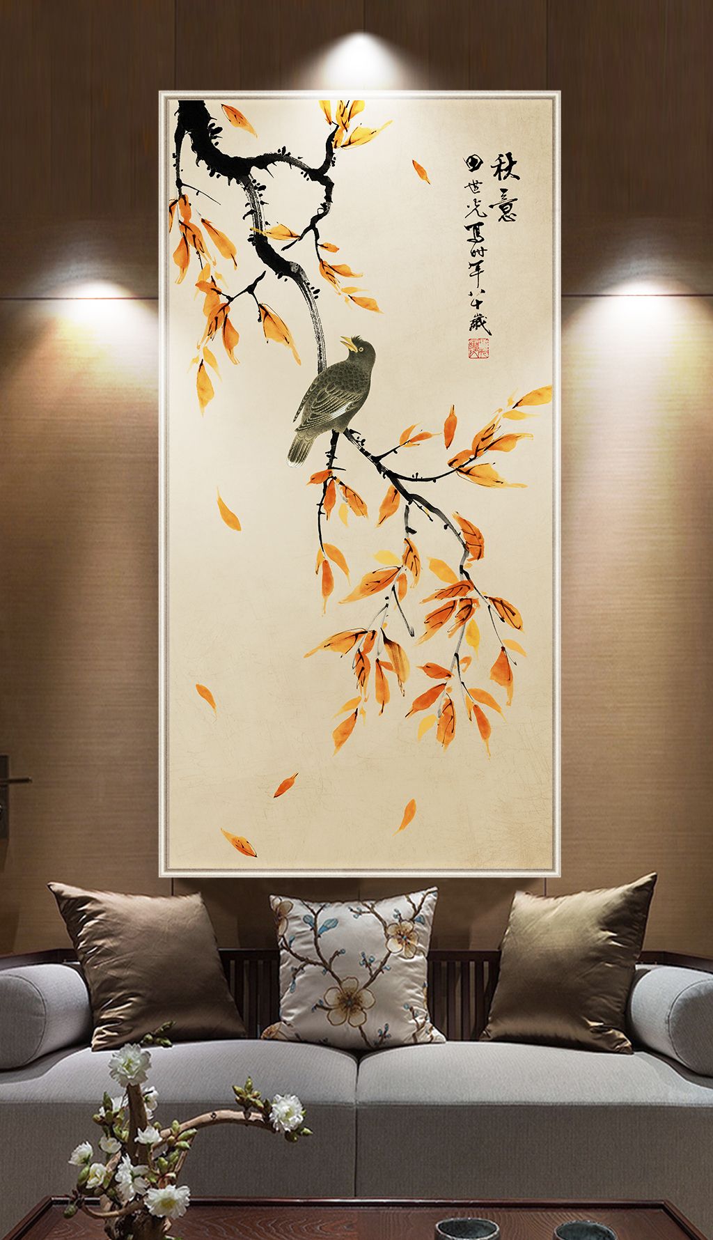 新中式秋意水墨花鸟手绘工笔花鸟玄关装饰画