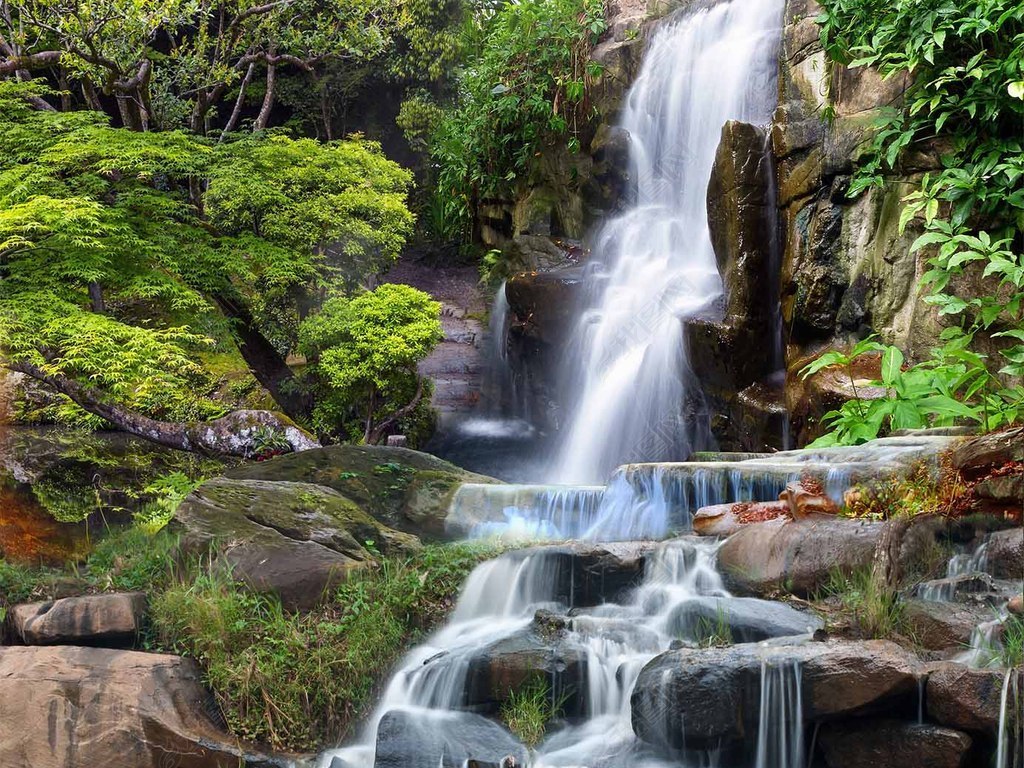 青山绿水瀑布风景画流水生财小溪玄关背景墙