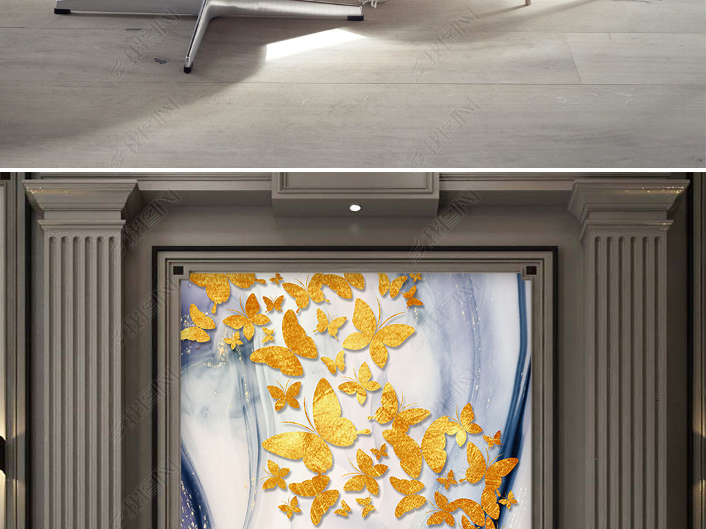 抽象画金色蝴蝶大理石装饰画玄关