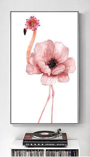 北欧风格现代手绘水彩花卉火烈鸟客厅装饰画