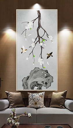 新中式手绘工笔花鸟白玉兰玄关背景墙装饰画