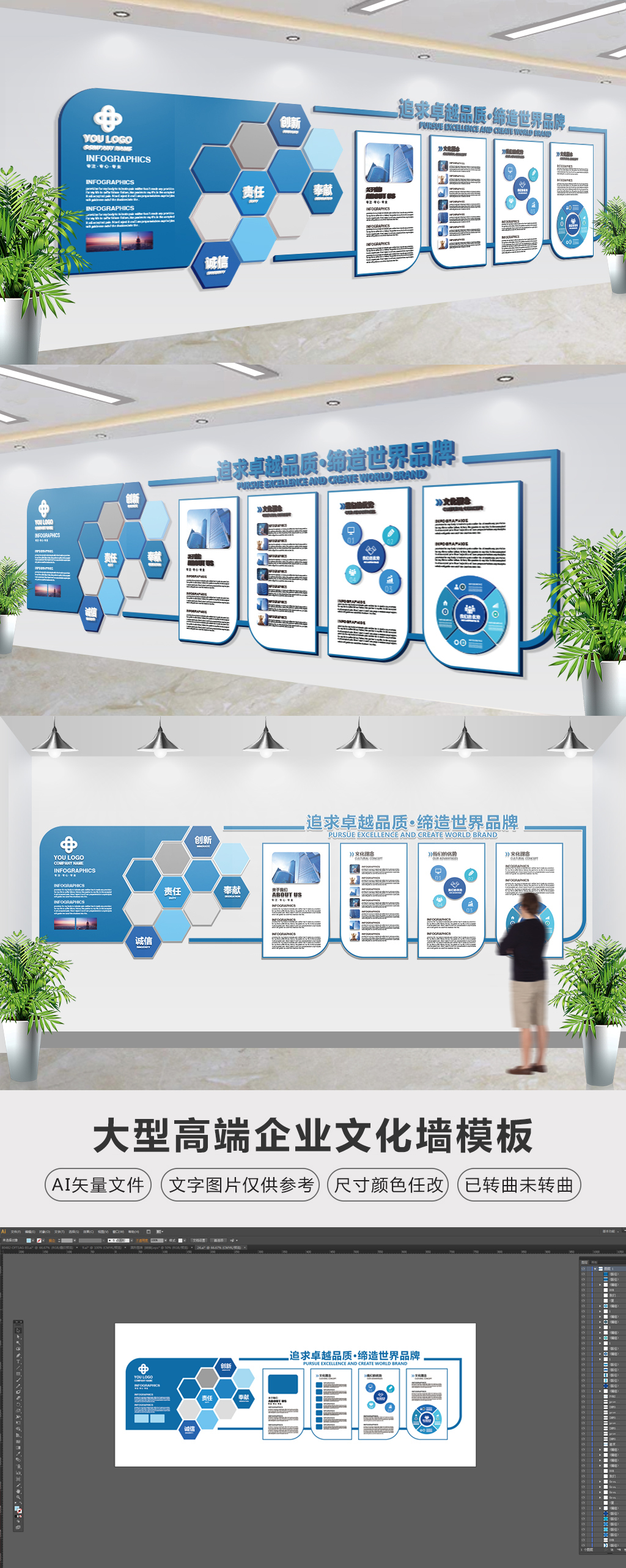 原创简约蓝色科技大型办公形象墙企业文化墙-版权可商用