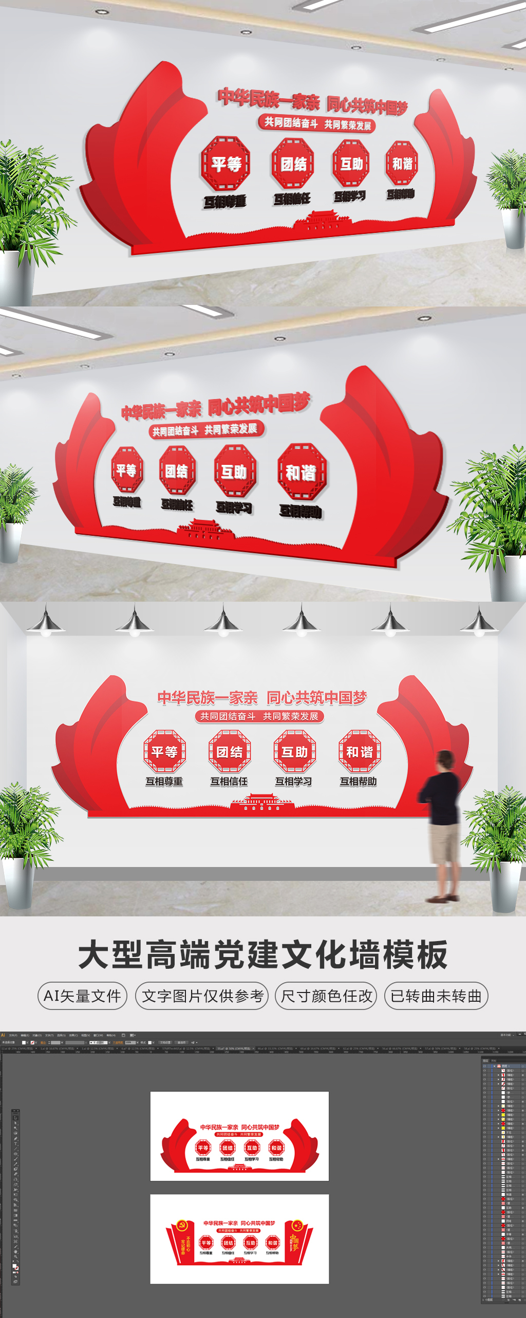 原创56个民族团结一家亲社区党建文化墙