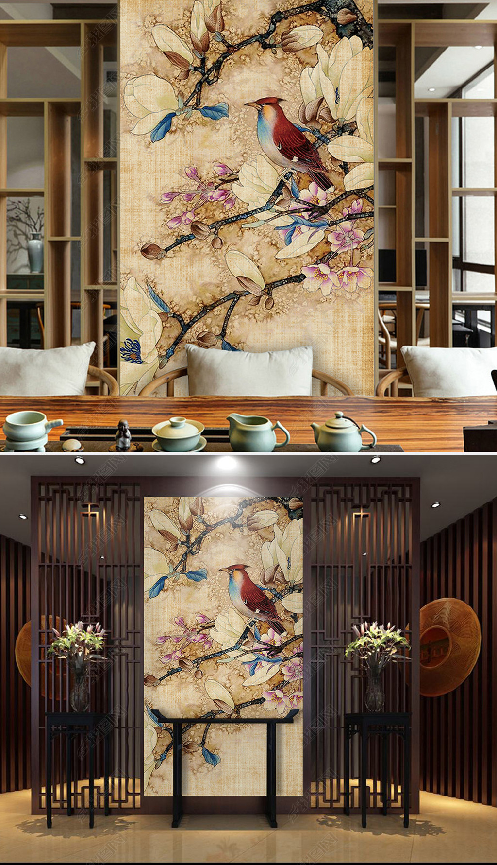 原创新中式手绘工笔花鸟新中式玄关背景墙装饰画