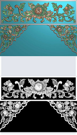 精雕图牙板户外建筑|围板抽屉牙板牡丹横板角花灰度图bmp格式附精雕