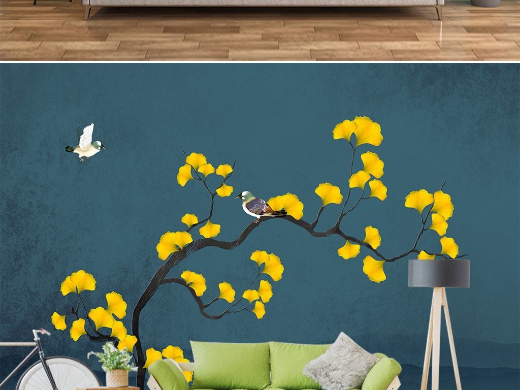 新中式山水手绘银杏叶花鸟装饰画背景墙