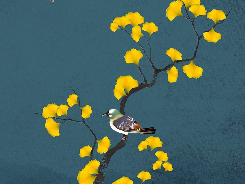 新中式山水水墨银杏叶花鸟玄关装饰画背景墙