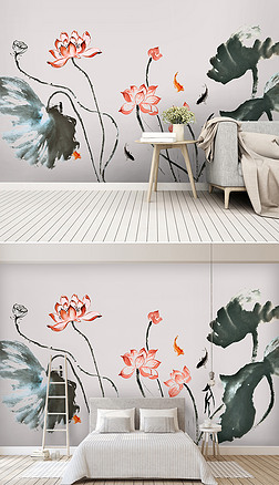 手绘荷花背景墙新中式水墨荷花装饰画壁画