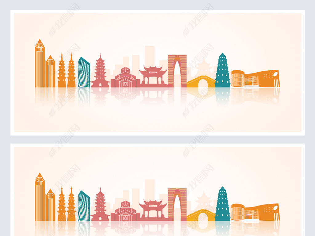 城市线描苏州地标建筑苏州城市剪影