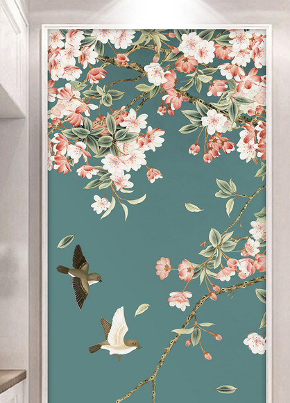 原创手绘工笔花鸟海棠花新中式玄关过道背景墙