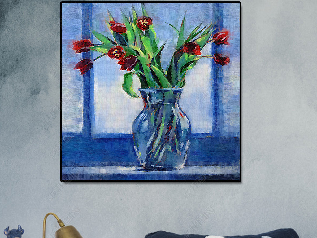 复古风玻璃花瓶插花装饰画油画