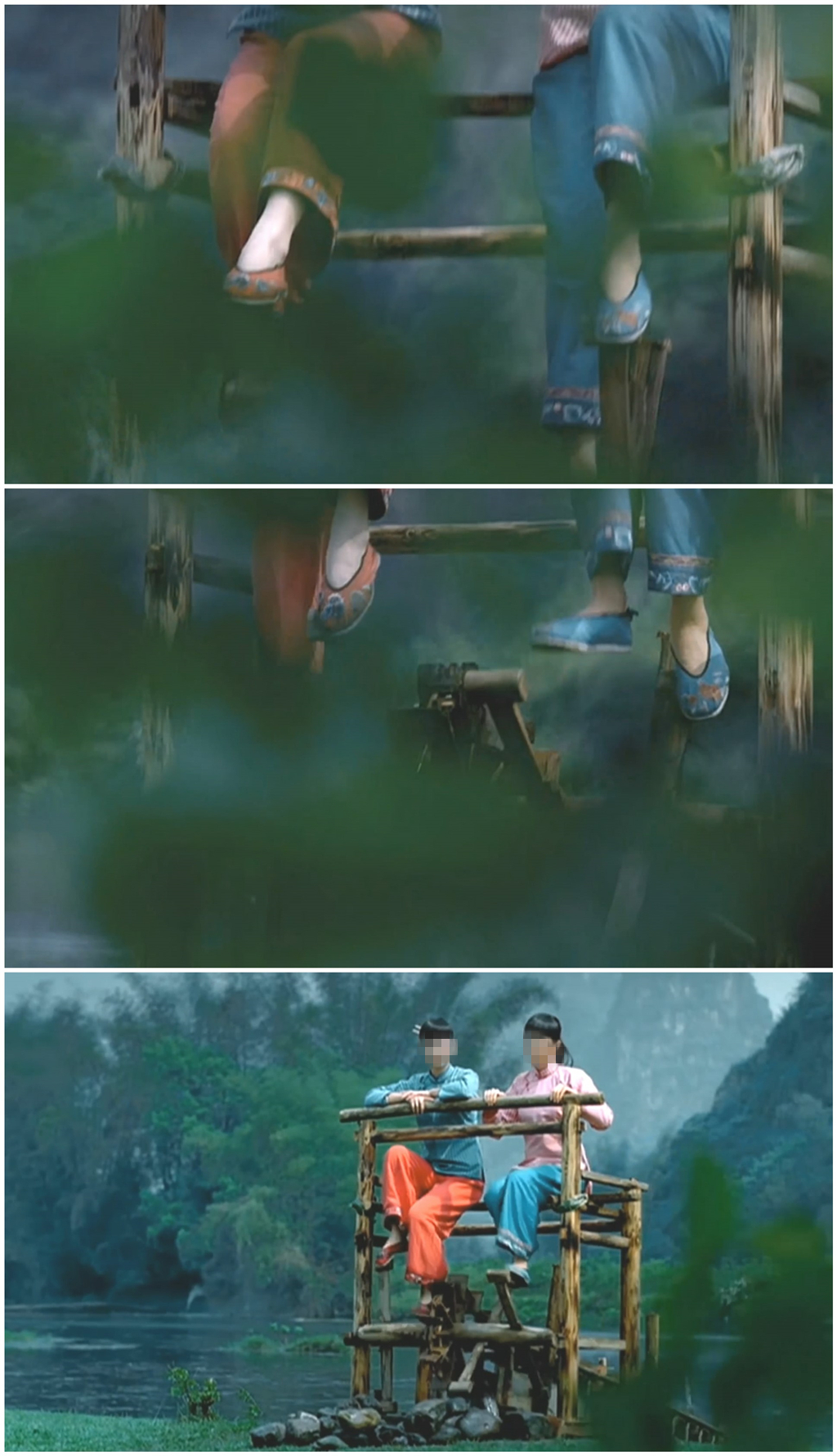 古典美女农村姑娘在河边踩水车高清视频素材