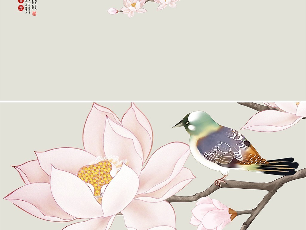 新中式手绘玉兰花鸟背景墙