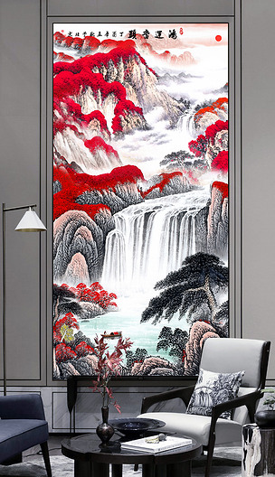 招财风水画鸿运当头流水生财玄关背景墙壁画