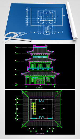 原创仿清式无梁殿建筑结构cad施工图纸版权可商用