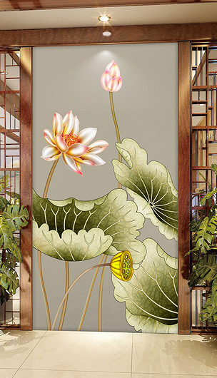 原创新中式荷花玄关过道背景墙装饰画手绘禅意版权可商用