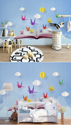 北欧现代简约卡通千纸鹤剪纸儿童房背景墙