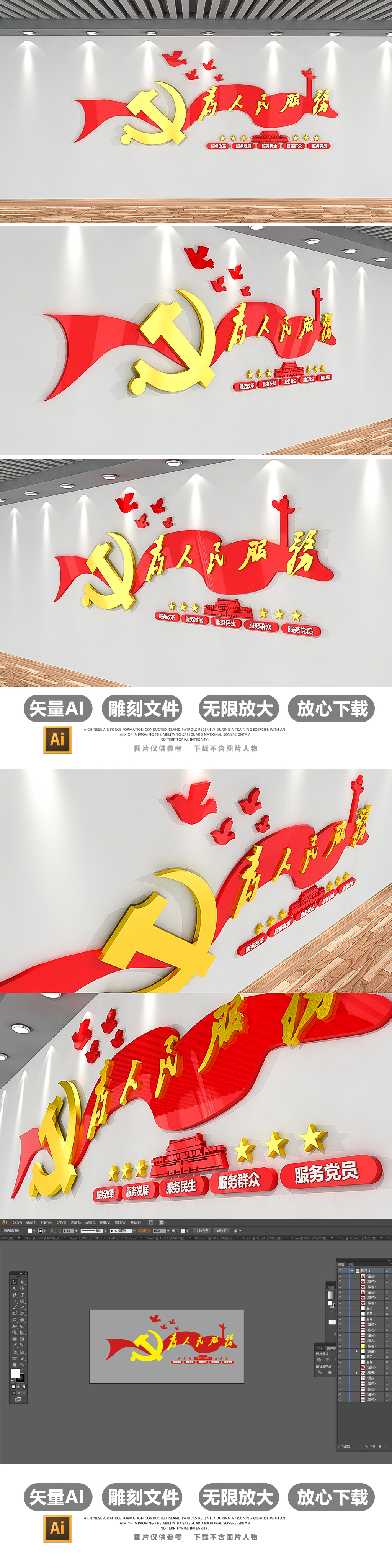 社区为人民服务五个服务党建文化墙模板设计