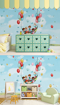 北欧现代简约卡通儿童热气球摇篮儿童房背景墙