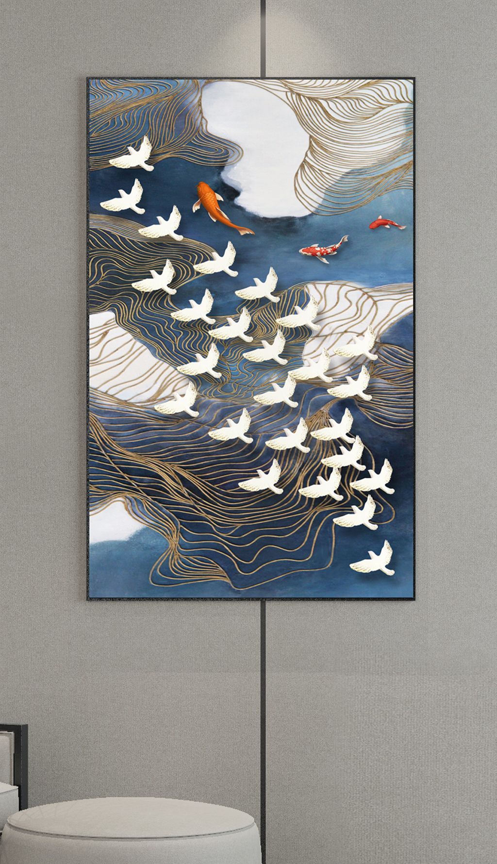 新中式蓝色油画金线抽象飞鸟玄关背景墙