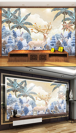 浮雕立体欧式发财树麋鹿背景墙