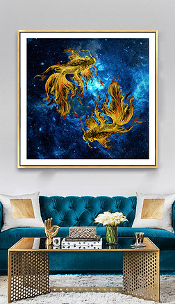 双鱼画装饰画|双鱼金鱼发财鱼蓝色金箔现代装饰画无框画
