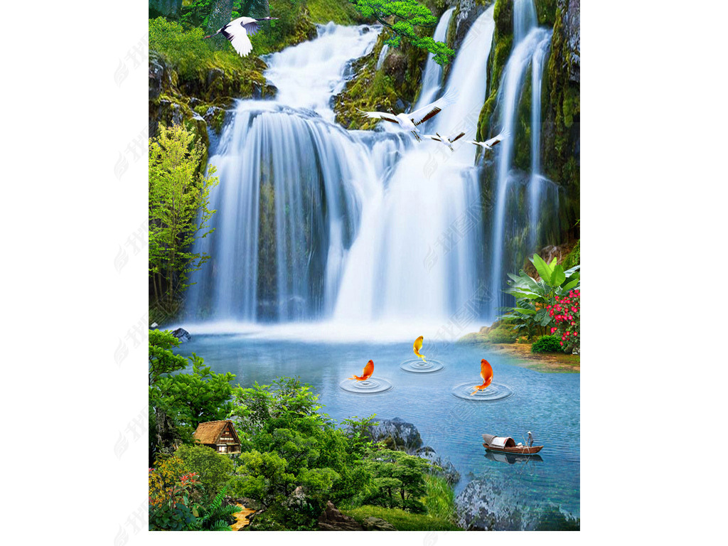 原创风景画山水流水生财玄关背景墙装饰画版权可商用