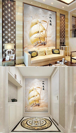 一帆风顺瓷砖大理石纹山水石纹玄关背景墙