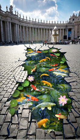 荷花鲤鱼锦鲤池塘荷塘3d立体画户外3d地画