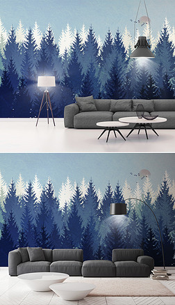 北欧松林飞鸟蓝色现代简约背景墙壁纸壁画
