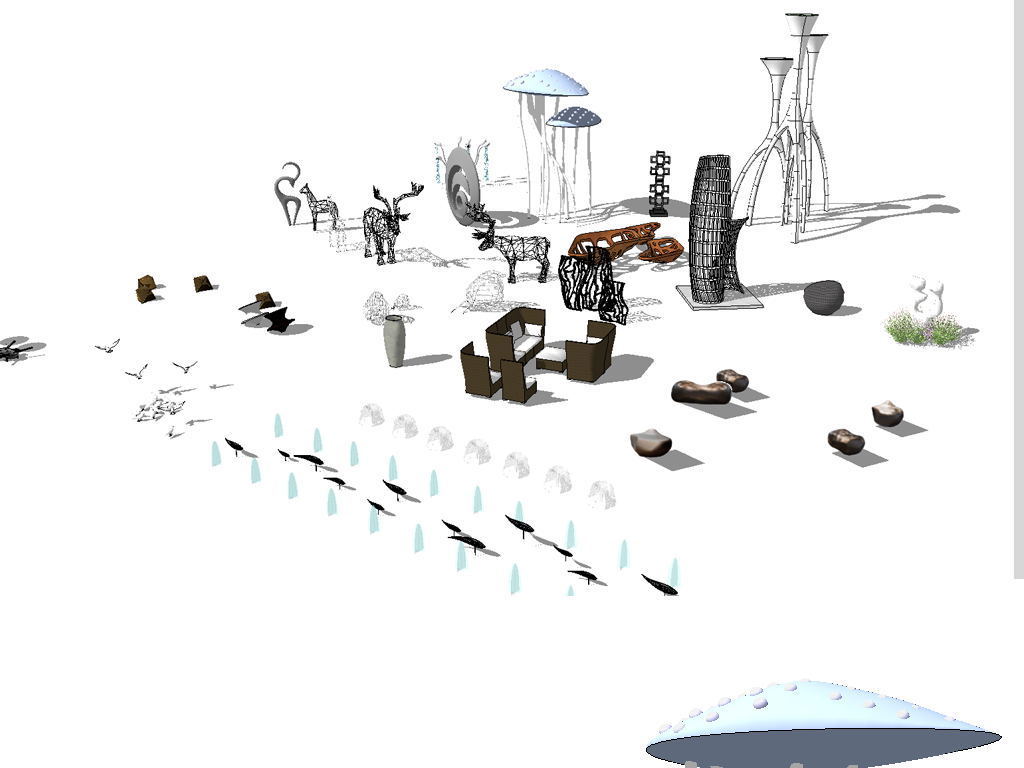 现代铁艺铜雕抽象动物人物雕塑小品su模型草图