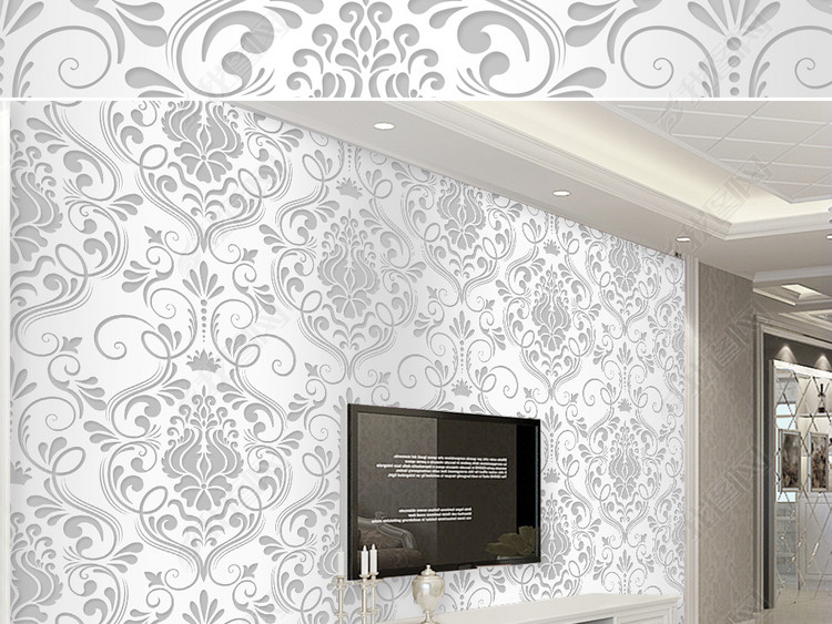 现代简约银灰色欧式花纹图案卧室背景墙壁纸
