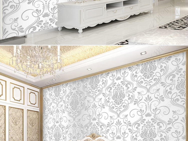 现代简约银灰色欧式花纹图案卧室背景墙壁纸