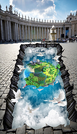 天空云彩地球白鸽街头地画3d立体画
