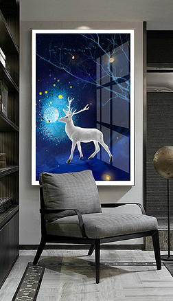 北欧麋鹿树林蓝色星空梦幻装饰画背景墙壁画