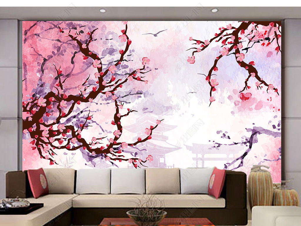粉色浪漫桃花中式风景画客厅电视背景墙