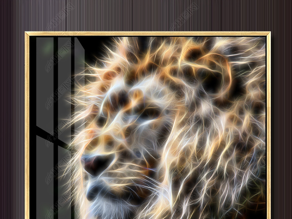 狮子装饰画现代简洁发光线条梦幻动物高档晶瓷装饰画