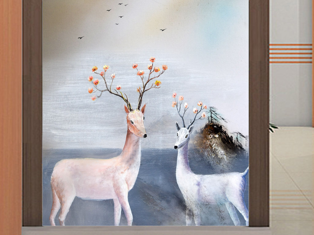 高清水墨意境山水梅花鹿风景油画玄关