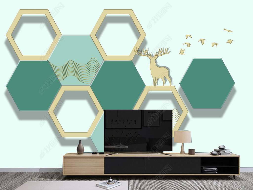 原创现代简约北欧风3d立体几何三色电视背景墙