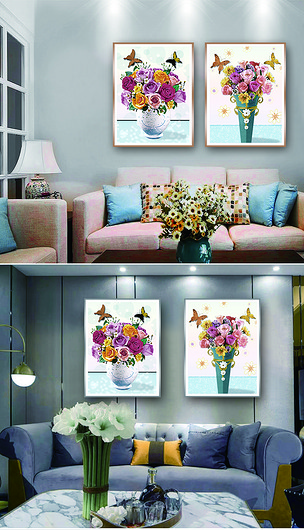 现代手绘水彩花卉二联装饰画