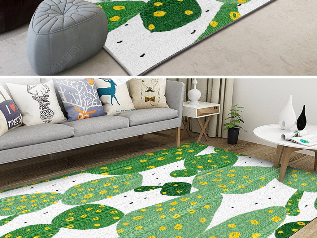 小清新手绘仙人掌绿色植物客厅地毯图案