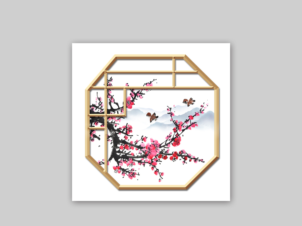 新中式山水古典花窗工笔梅花装饰画无框画