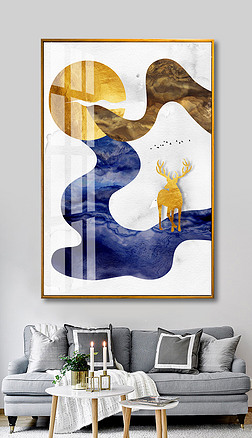 驯鹿画装饰画|北欧风格抽象河流驯鹿金箔画挂画装饰画