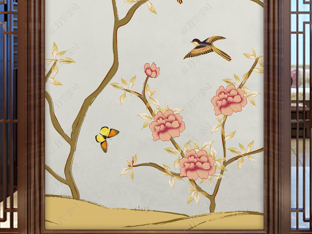 工笔花鸟新中式手绘蔷薇玄关画背景墙装饰画