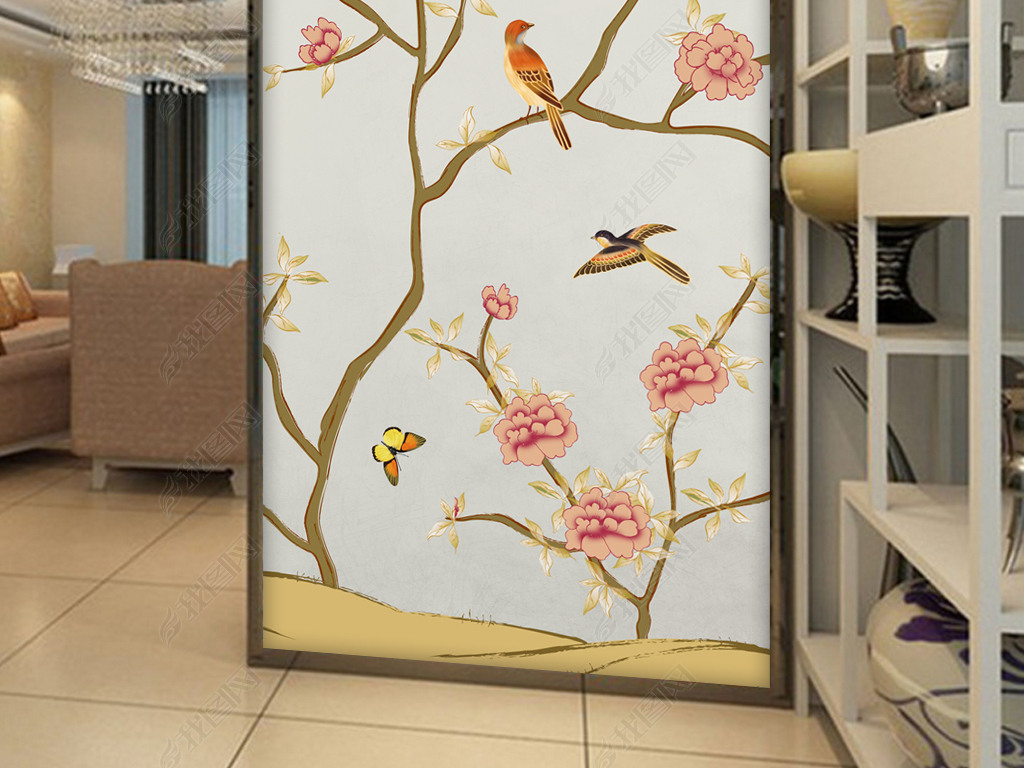 工笔花鸟新中式手绘蔷薇玄关画背景墙装饰画